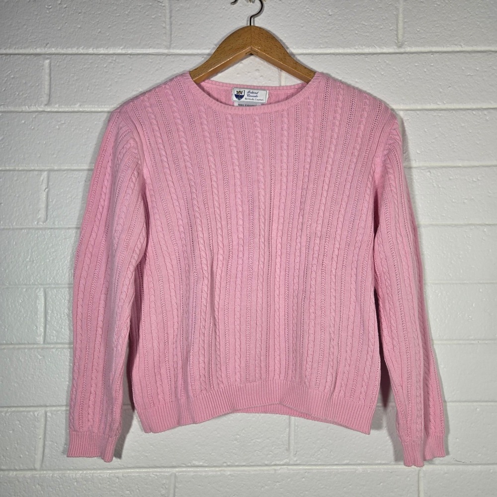 Vtg Pink Cable Knit Sweater 100% Cotton Medium Oversized Preppy‎ Country Club